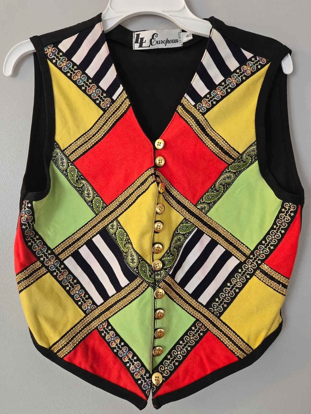 Vintage Multicolor Applique Vest, Embroidery Satin Ribbon Detail, Cotton Sz 40